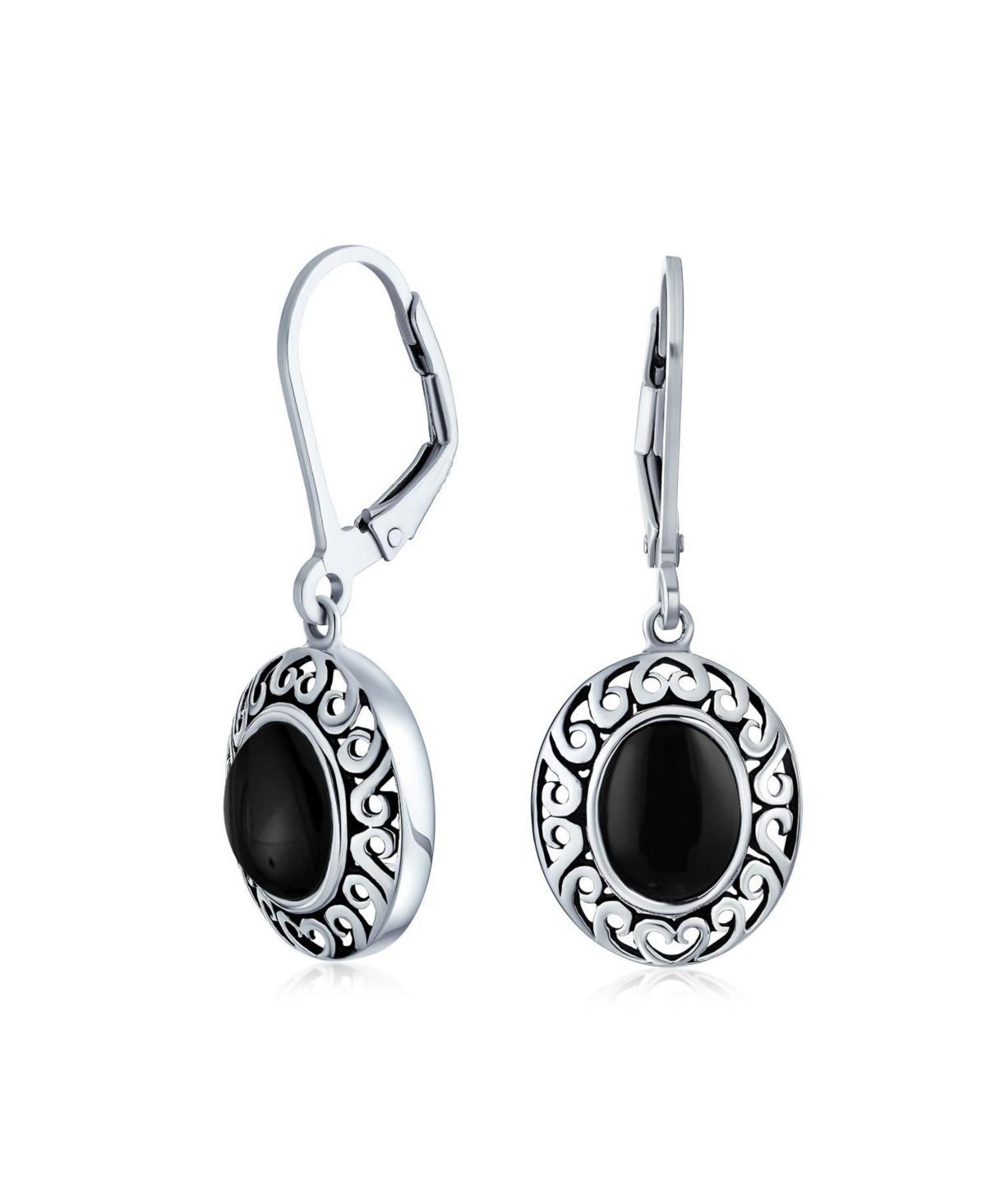 Bling Jewelry Simple Western Style 3.2CT Dyed Black Onyx Dome Oval Bezel Set Lever Back Dangle Earrings For Women .925 Sterling Silver Product Image