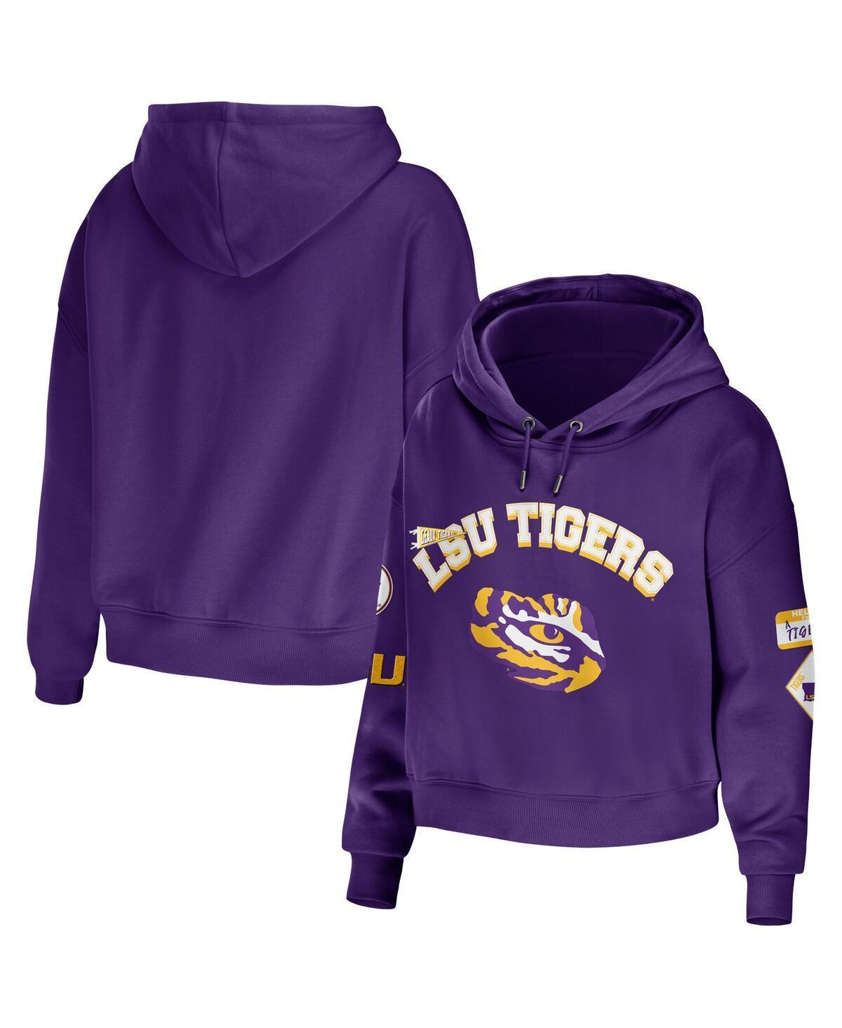 Womens WEAR by Erin Andrews LSU Tigers Mixed Media Cropped Pullover Hoodie Product Image