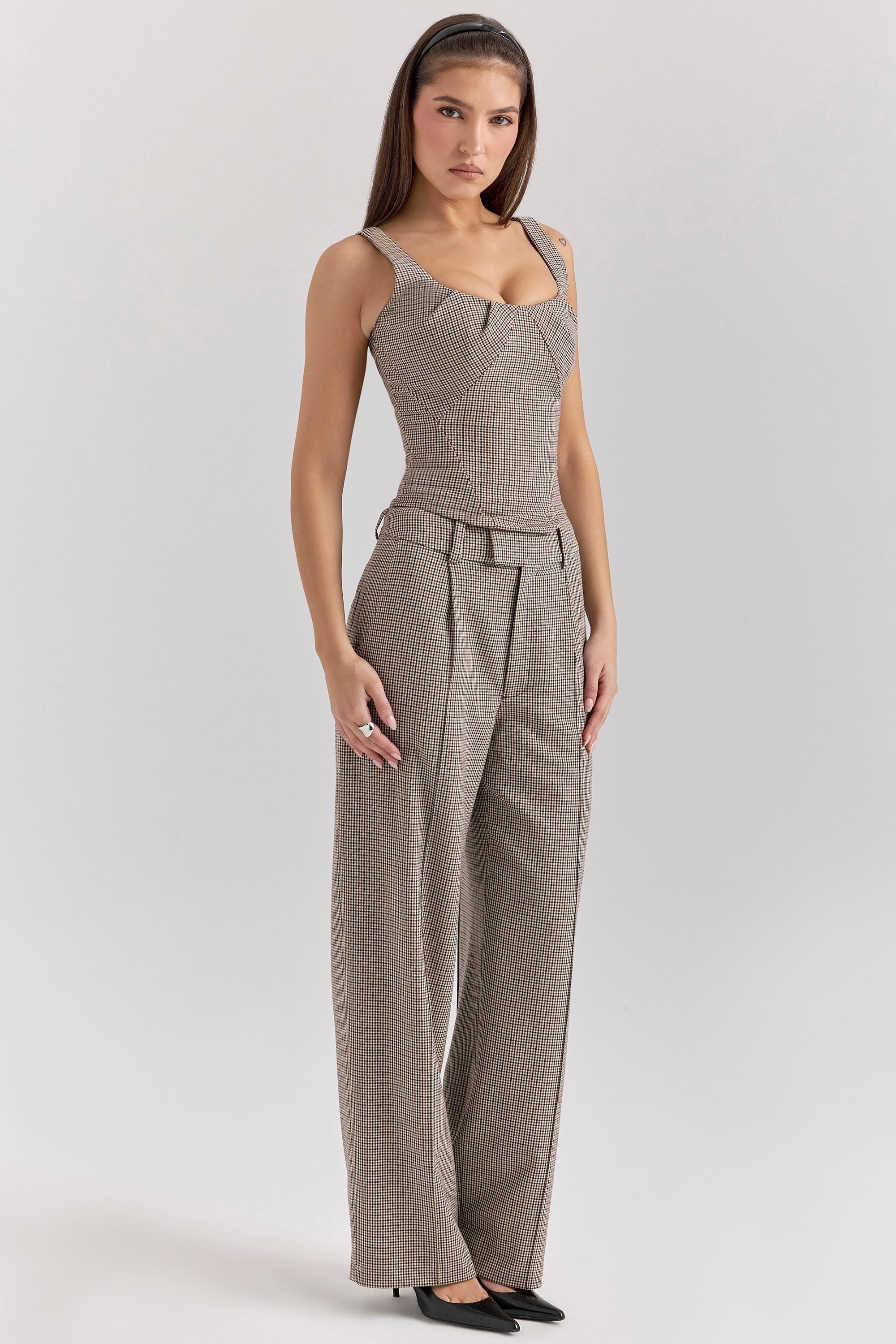 Hayden Brown Puppytooth Wide Leg High Waist Tailored Trousers Product Image