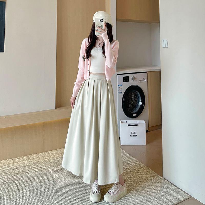 High Rise Plain Pleated Midi A-Line Skirt product image