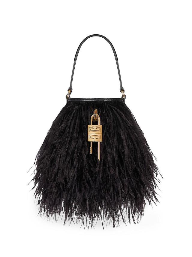 Womens Micro Shark Lock Bucket Bag in Satin with Feathers Product Image