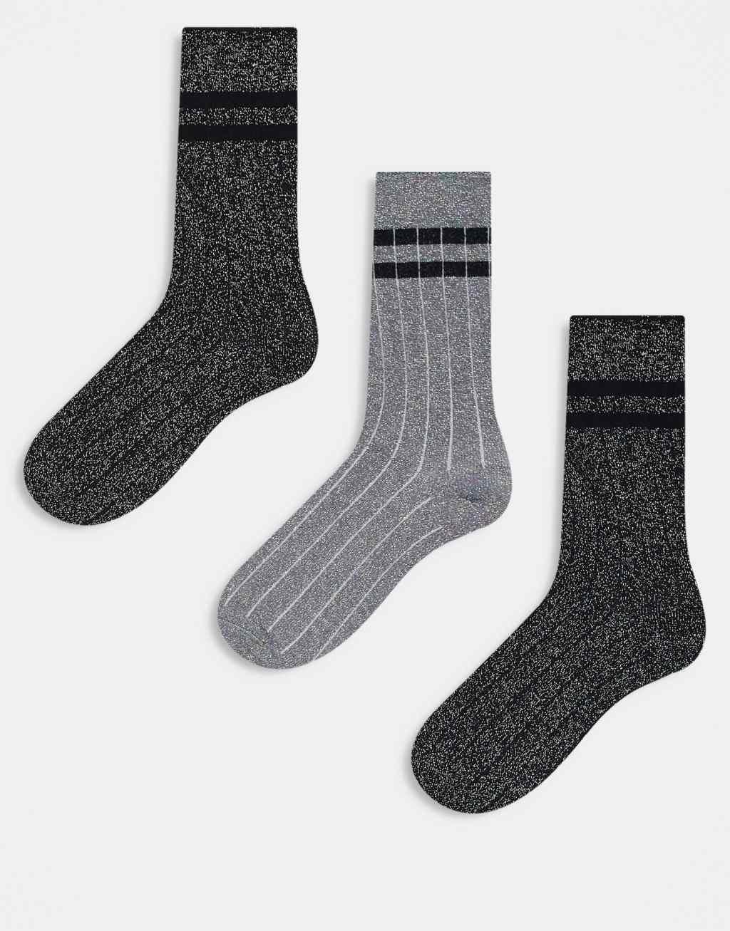 ONLY 3-pack stripe lurex socks in dark gray silver Product Image