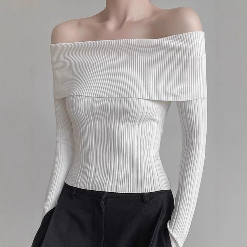 Long Sleeve Off Shoulder Plain Ribbed Knit Top Product Image