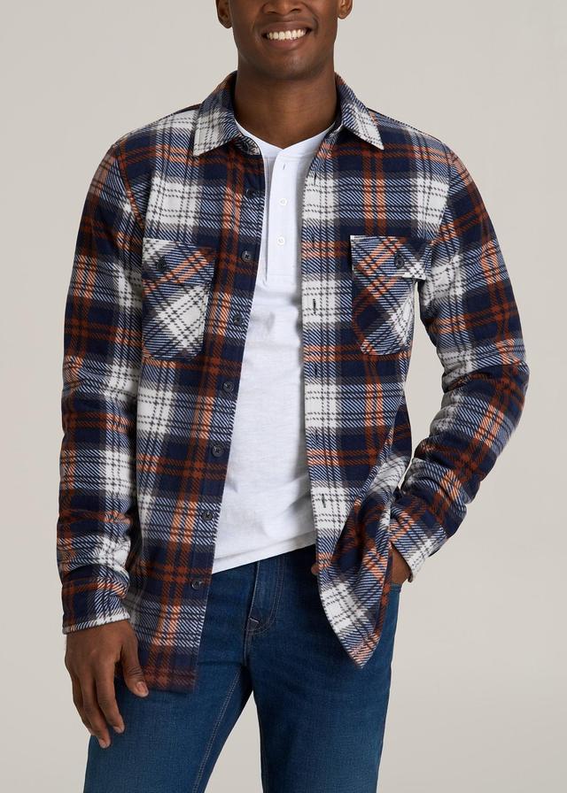 Sherpa-Lined Fleece Overshirt for Tall Men in Navy & Orange Plaid Product Image