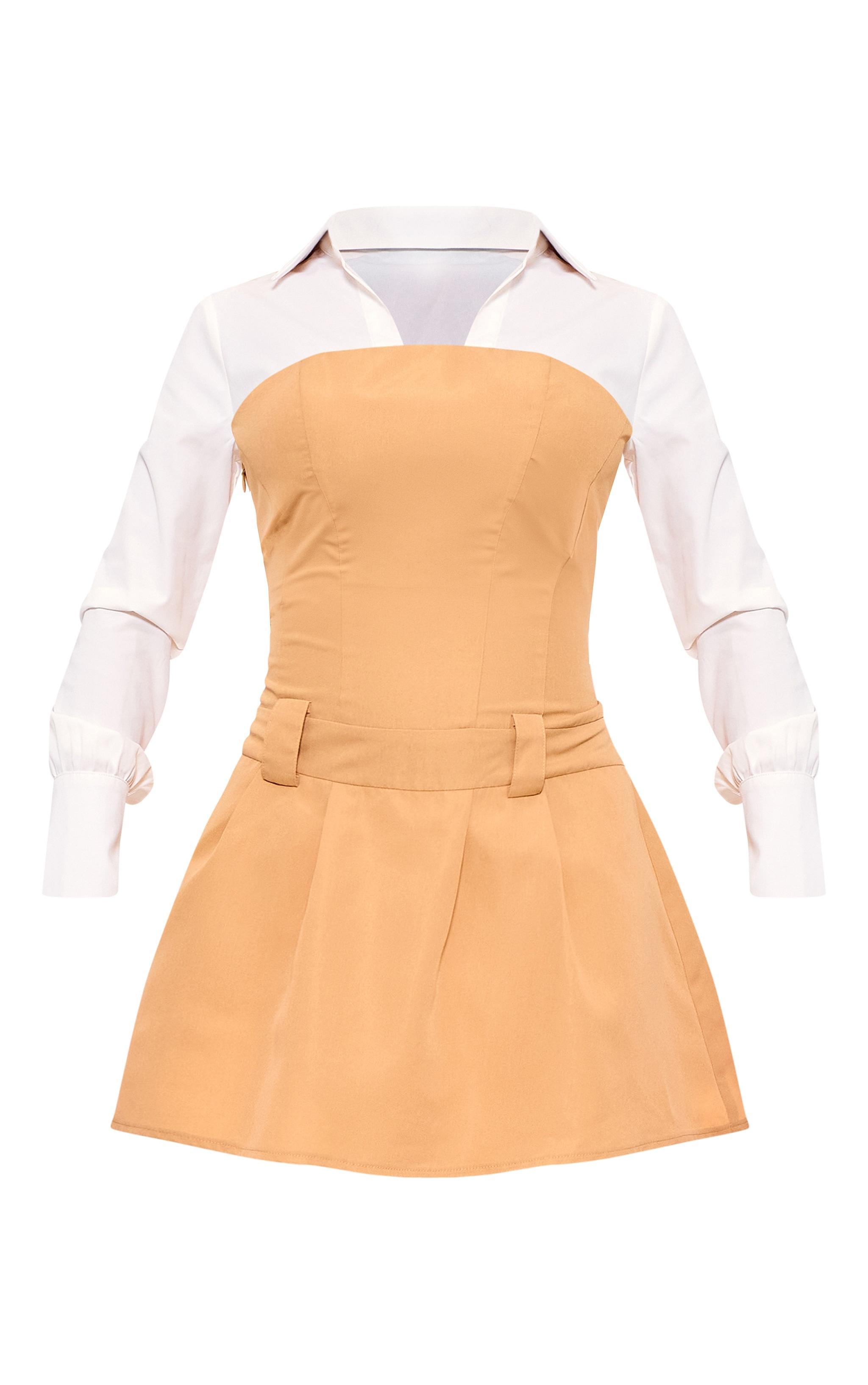 Camel Tailored Contrast Pleated Shirt Dress Product Image