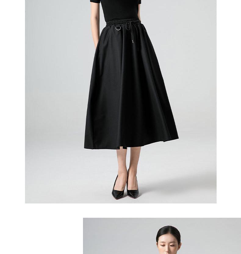 Drawstring Waist Plain Midi A-Line Skirt Product Image