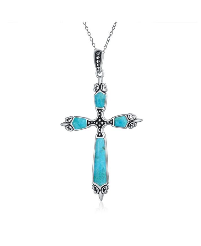 Western Style Spiritual Religious Blue Turquoise Gemstone Fleur De Lis Cross Pendant Necklace For Women Oxidized .925 Sterling Silver Product Image