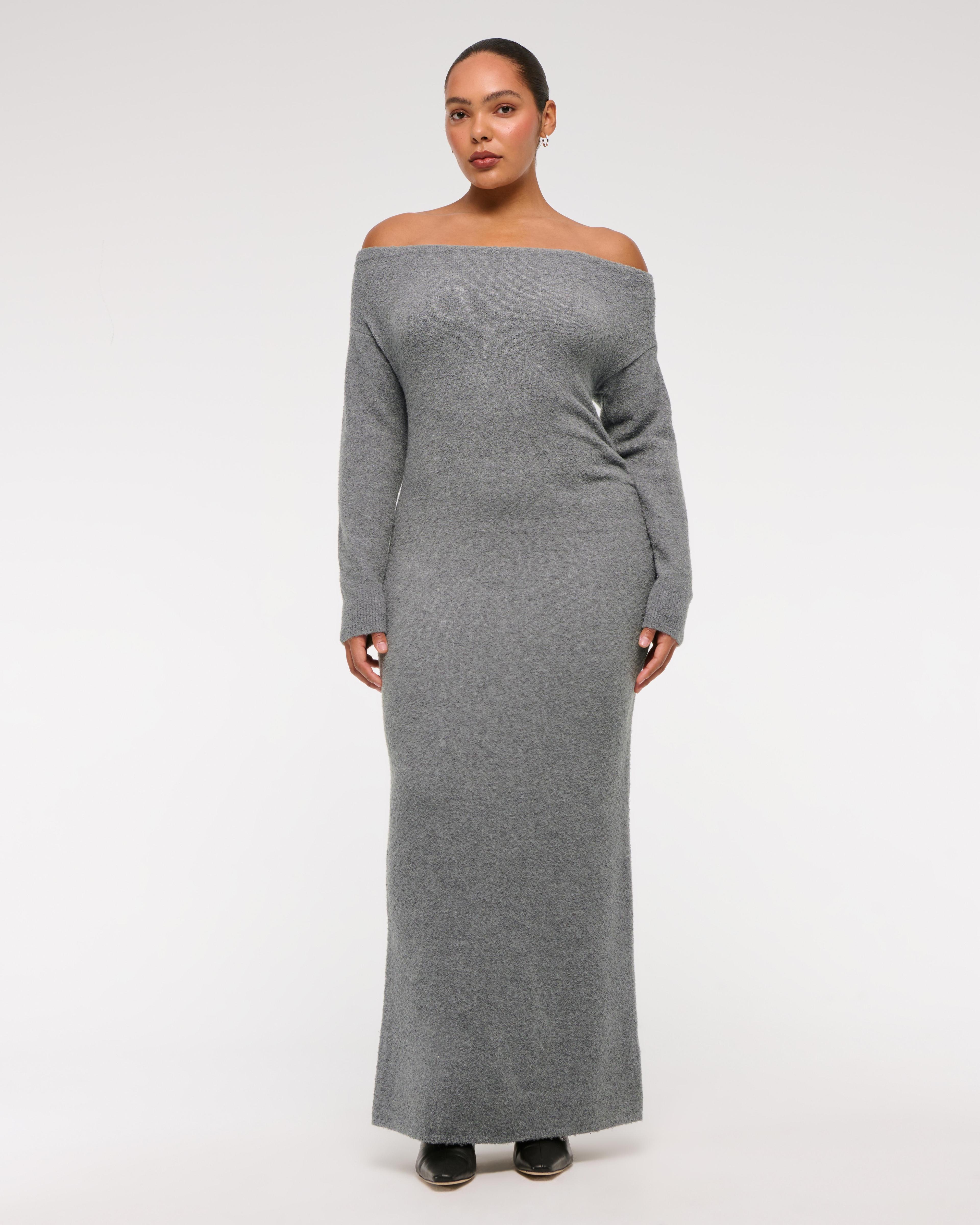 Off-The-Shoulder Boucle Maxi Sweater Dress Product Image