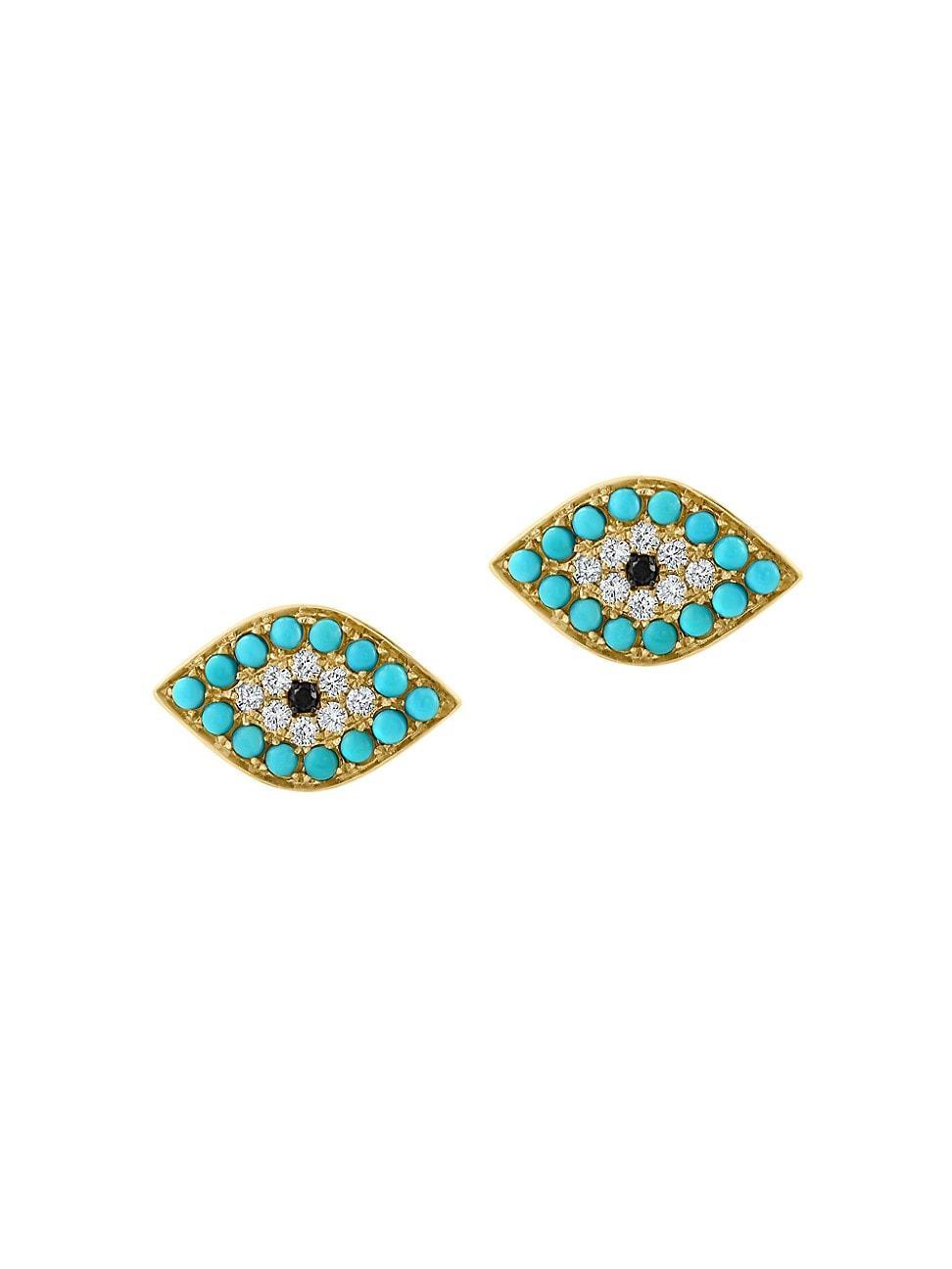 Womens 14K Yellow Gold, Turquoise & Diamond Stud Earrings Product Image