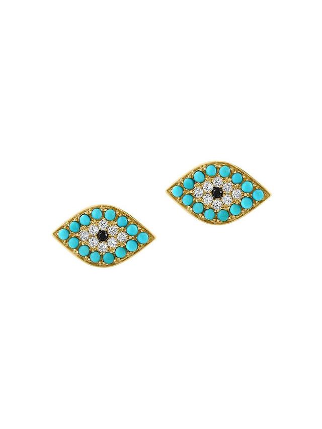 Womens 14K Yellow Gold, Turquoise & Diamond Stud Earrings Product Image