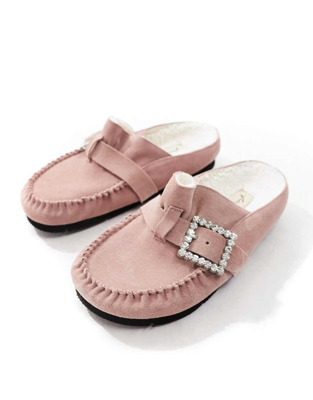 Free People diamante buckle slip on buckle mules in frosted pink Product Image