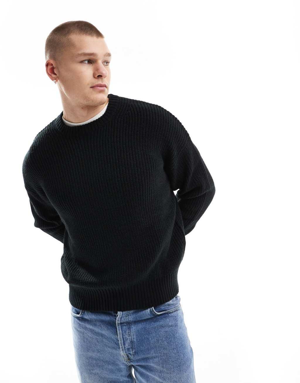 Bershka fisherman ribbed sweater in black Product Image