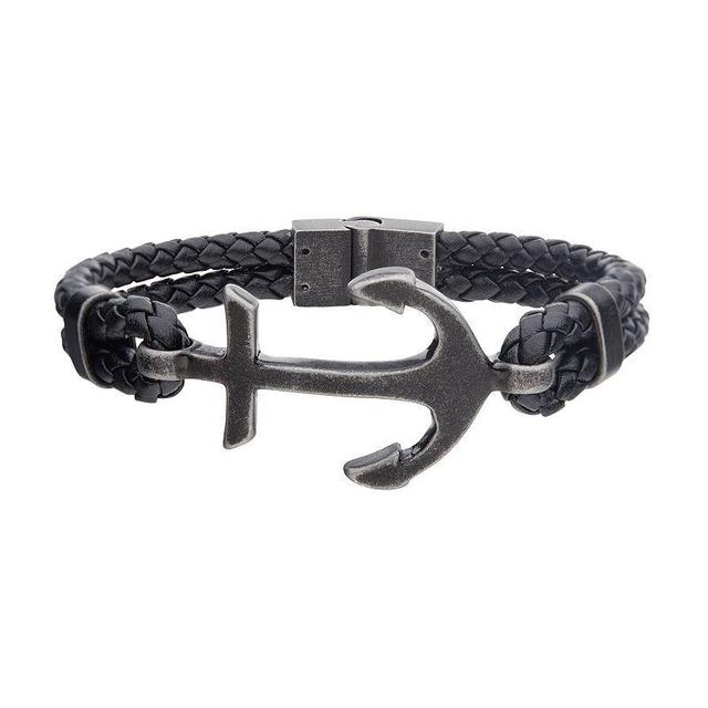 Mens Black Leather & Antiqued Stainless Steel Anchor Bracelet Product Image