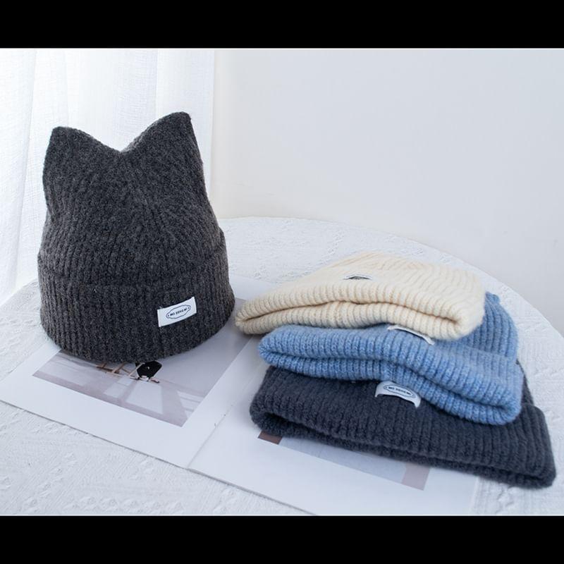 Lettering Applique Cat Ear Knit Beanie Product Image