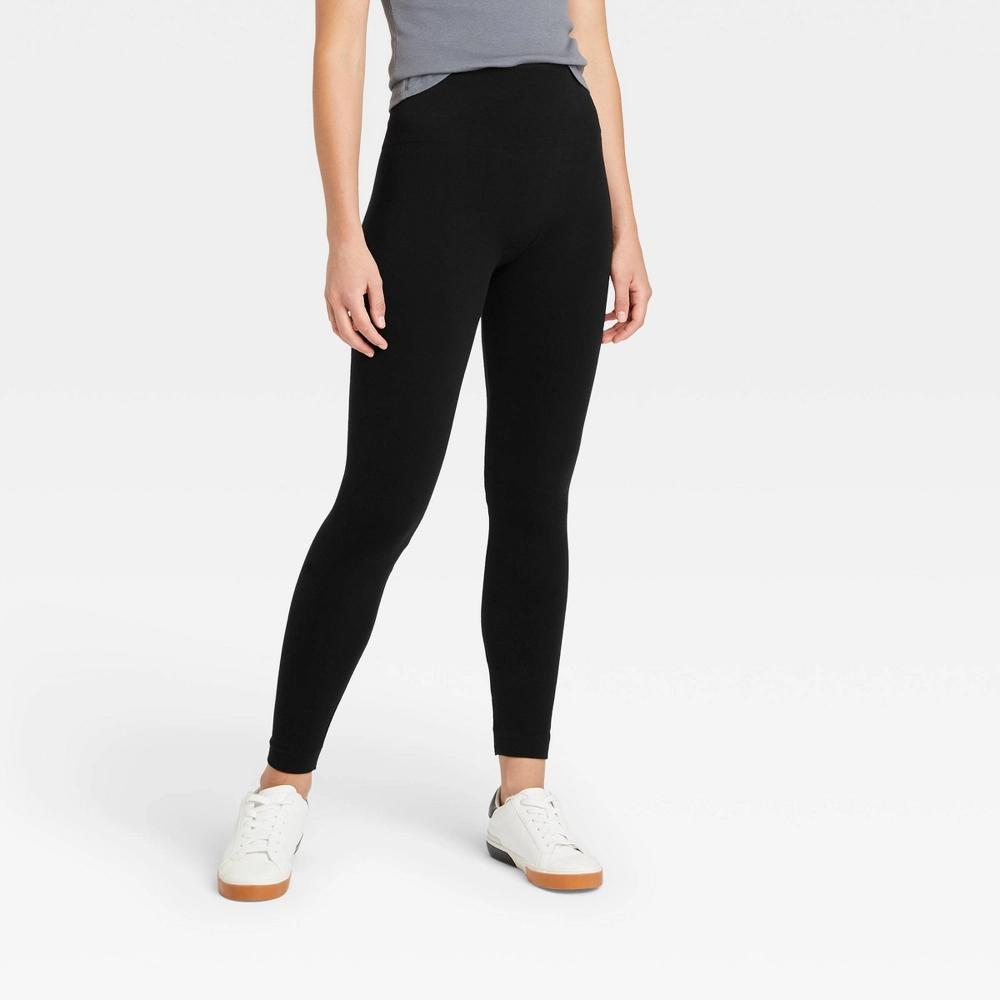 Women's High Waisted Cotton Seamless Fleece Lined Leggings - A New Day™ Black L/XL Product Image