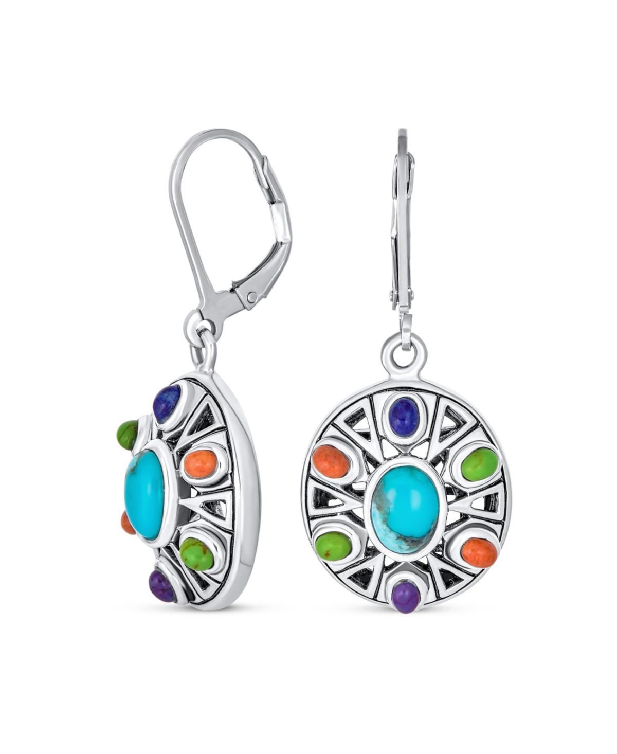 Bling Jewelry Multicolor Orange Purple Synthetic Turquoise Oval Medallion Disc Dangle Earrings For Women Oxidized Sterling Silver Lever Back - Blue tu Product Image