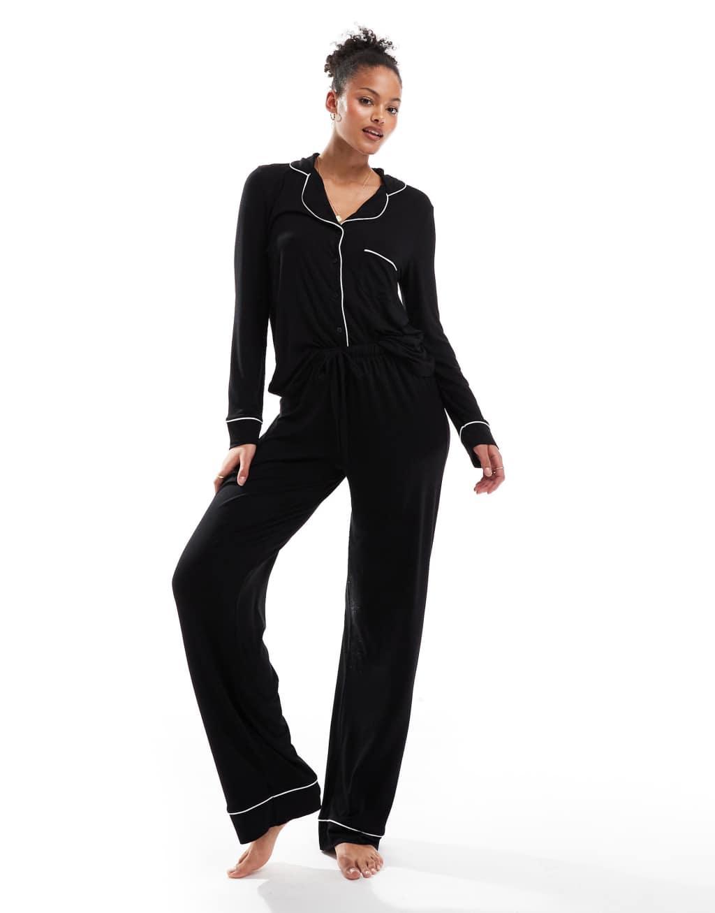 ASOS DESIGN Tall super soft long sleeve shirt & pants pajama set with contrast piping in black Product Image