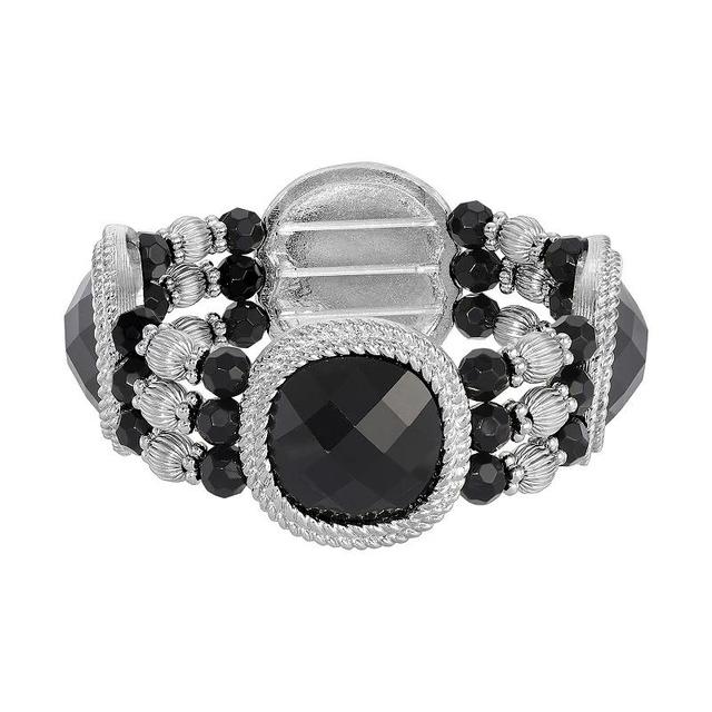 1928 Silver Tone Black Beaded Stretch Bracelet, Womens Product Image