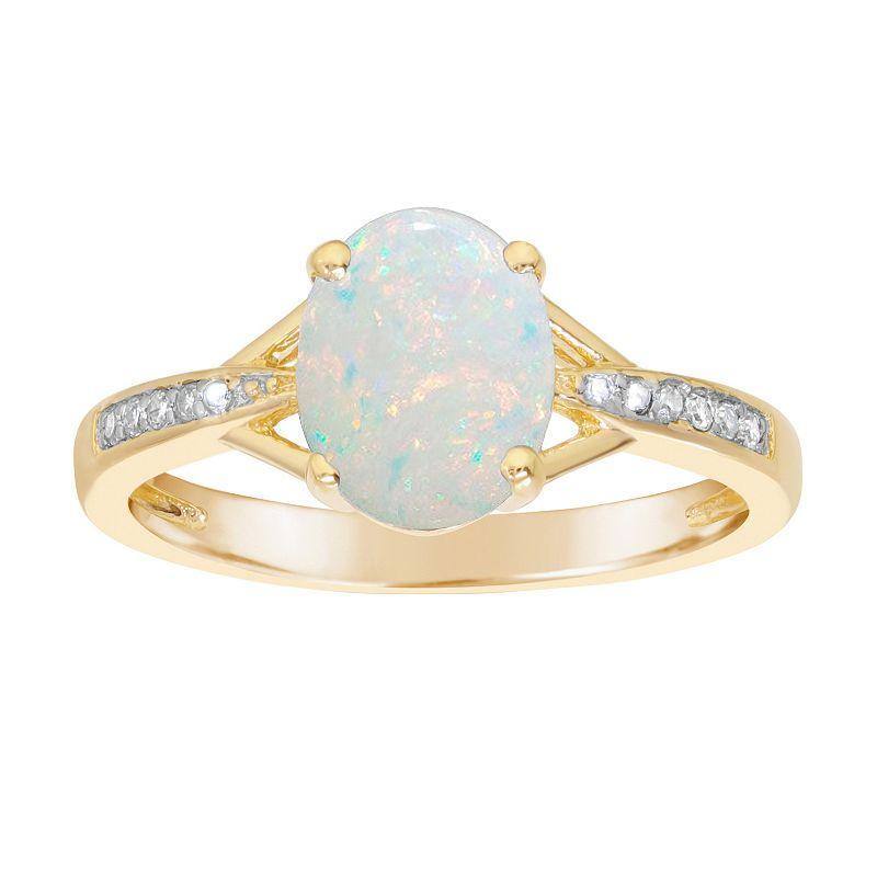 Gemminded 18k Gold over Sterling Silver Oval Lab Created Opal Ring with Diamond Accent, Womens White Product Image