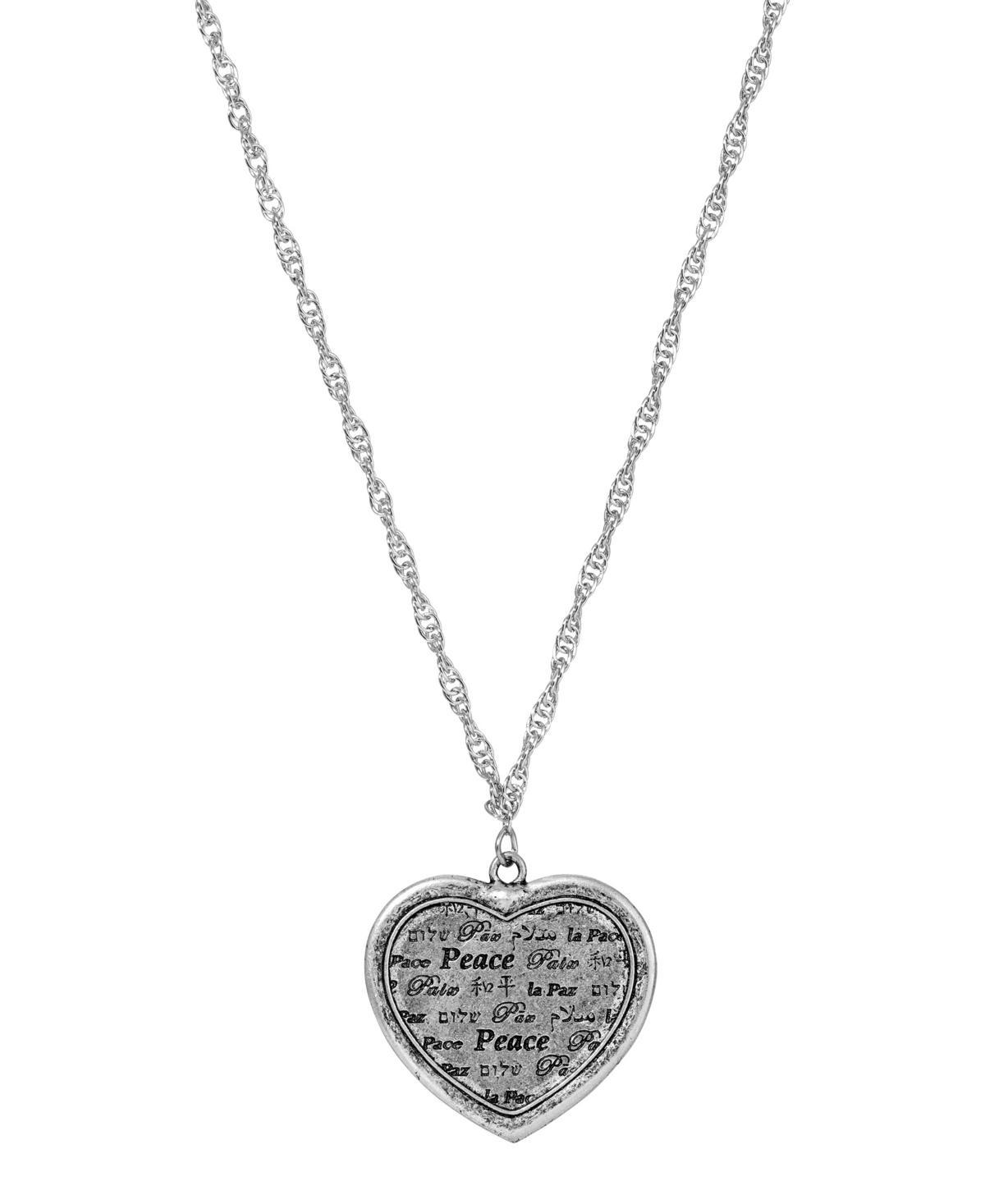 1928 Pewter Multi Language Peace Heart Medallion Necklace, Womens, Silver Product Image