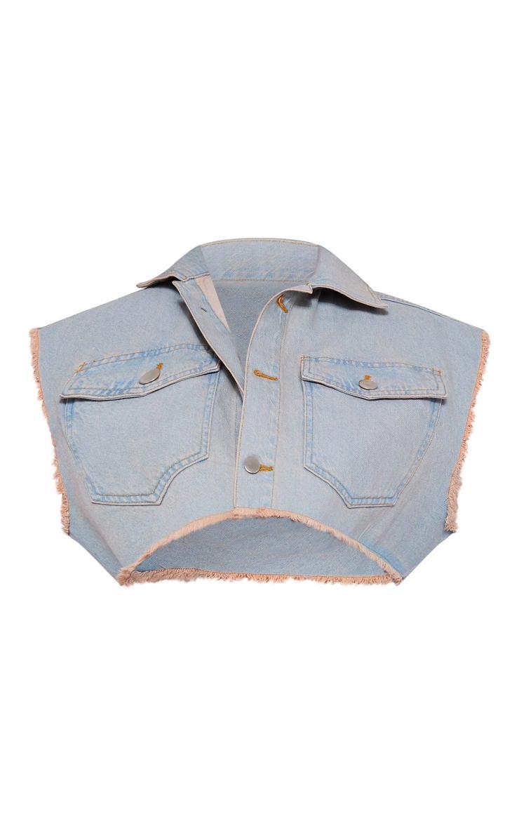 Vintage Bleach Wash Sleeveless Raw Edge Cropped Denim Jacket Product Image