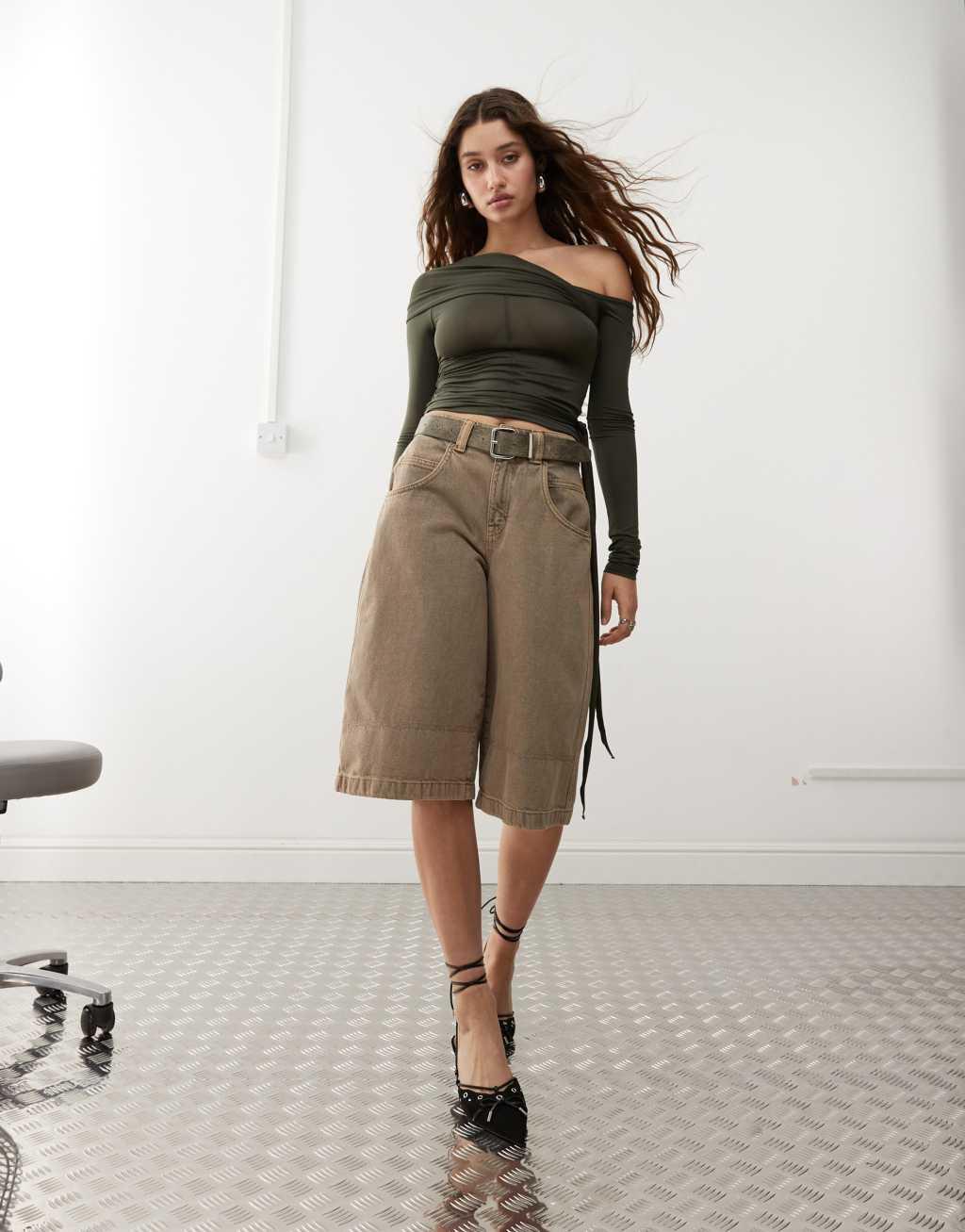 Weekday Eli asymmetric long sleeve top with drape tie detail in khaki Product Image