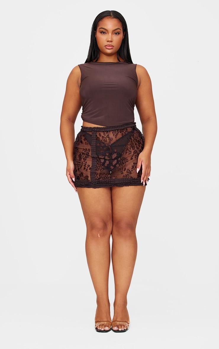 Plus Brown Devore Frill Detail Mini Skirt Product Image