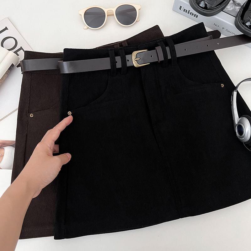 High Waist Plain Corduroy A-Line Mini Skirt With Belt Product Image