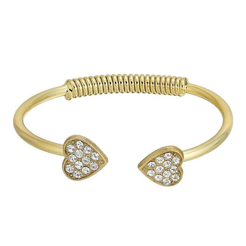 1928 14k Gold-Dipped Pave Crystal Heart Coil Spring Cuff Bracelet, Womens, Gold Tone Product Image