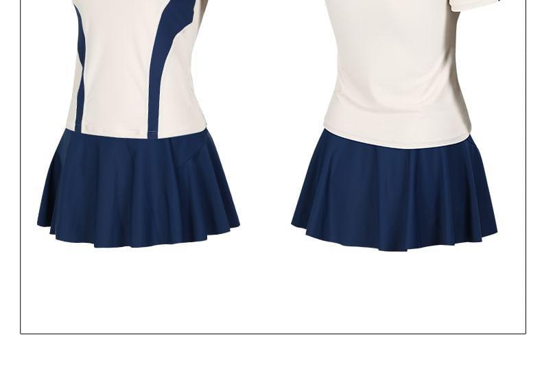 Set: Short-Sleeve Color Block Swim Top + Swim Skirt Product Image