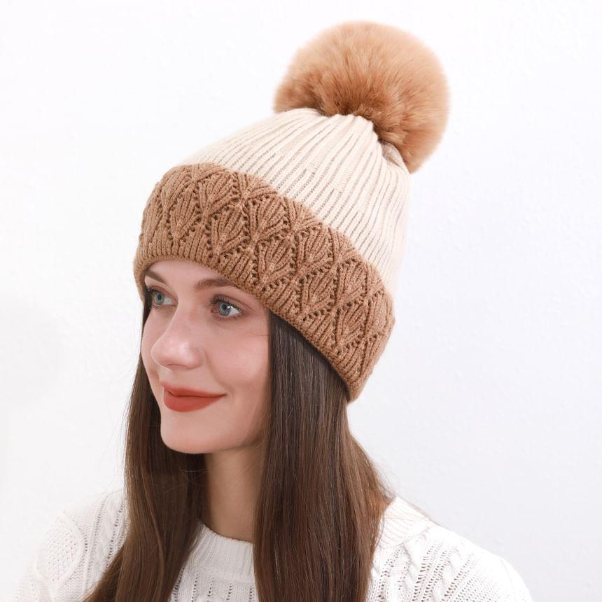 Two Tone Pom Pom Knit Beanie Product Image