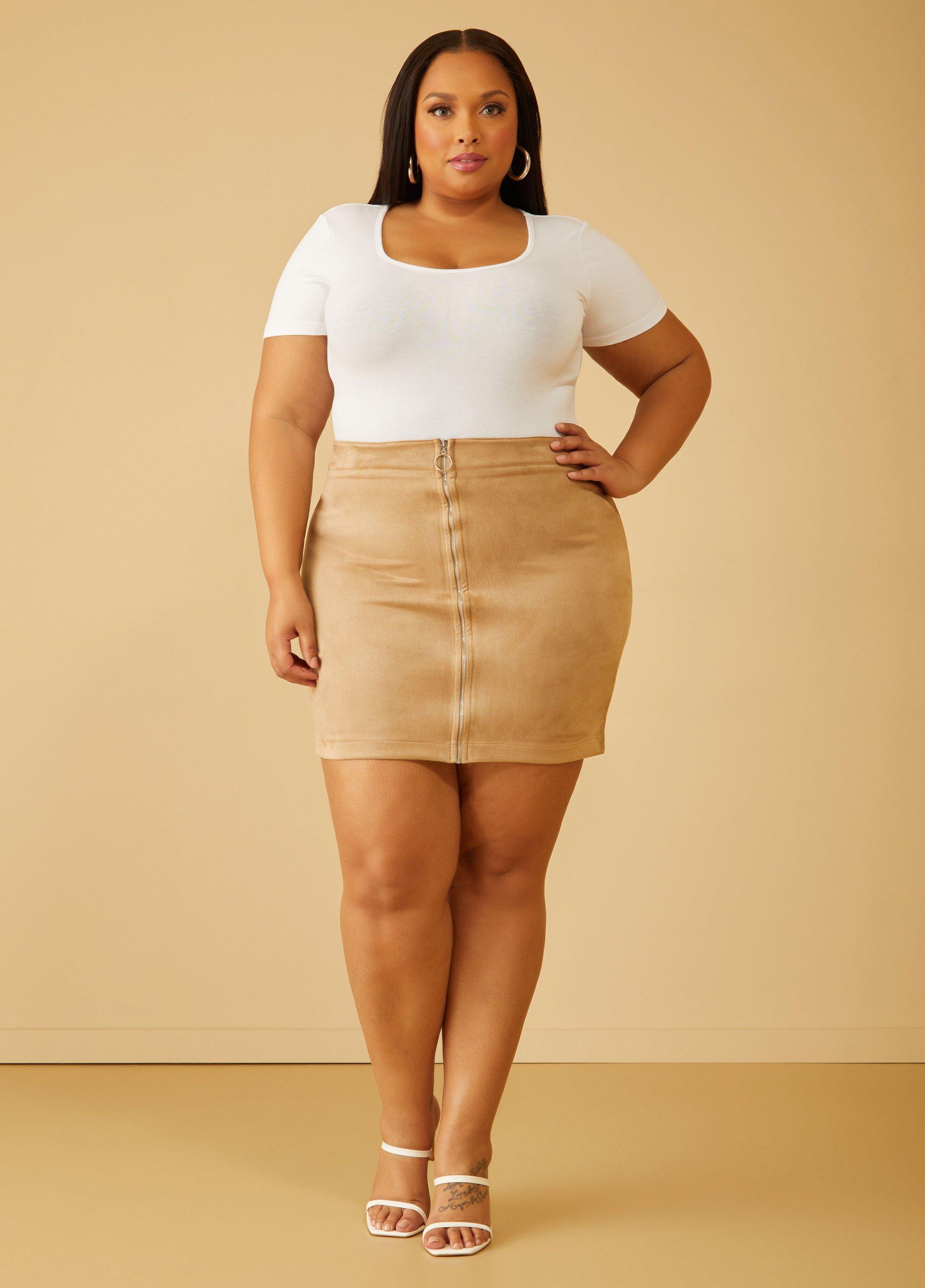 Plus Size Zip Detailed Faux Suede Mini Skirt Ashley Stewart Product Image