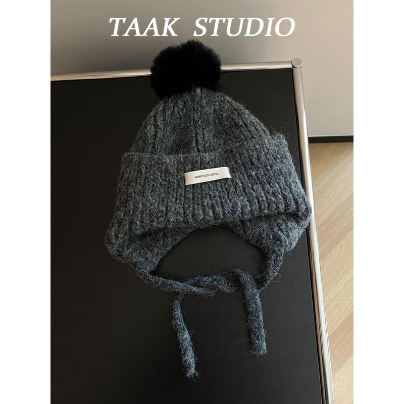 Applique Pom Pom Ribbed Knit Trapper Hat product image