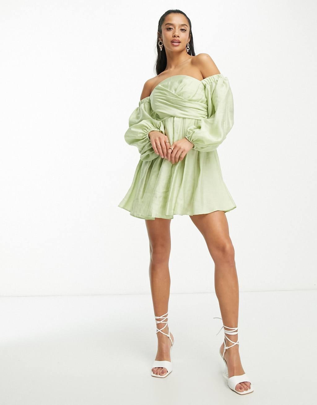 ASOS DESIGN Petite washed off shoulder balloon slv mini dress with wrap corset detail Product Image