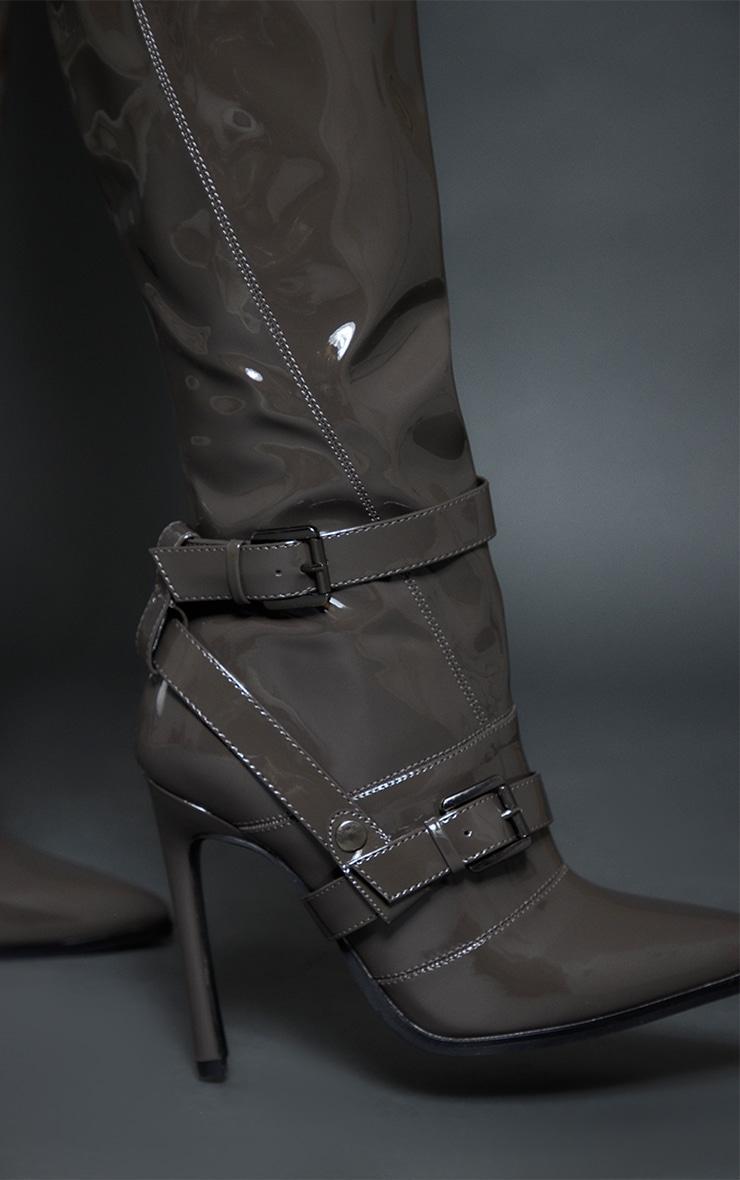  Grey Patent Pu Point Toe Buckle Detail High Stiletto Heeled Knee Boots Product Image