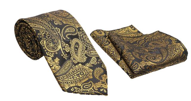 Gold Black Paisley Pattern Men's Classic Tie and Pocket Square Set Male Product Image