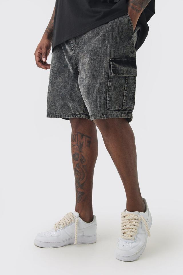 Plus Cord Washed Cargo Shorts In Black | boohooMAN USA Product Image