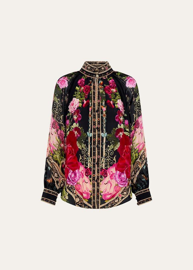 Womens Floral Silk Long-Sleeve Shirt Product Image