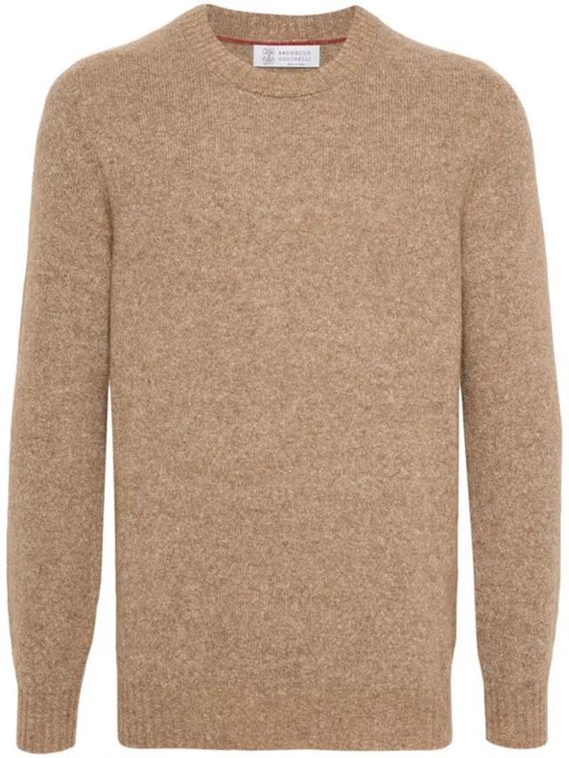 BRUNELLO CUCINELLI Wool Crewneck Sweater With Ribbed Trim In Brown Product Image