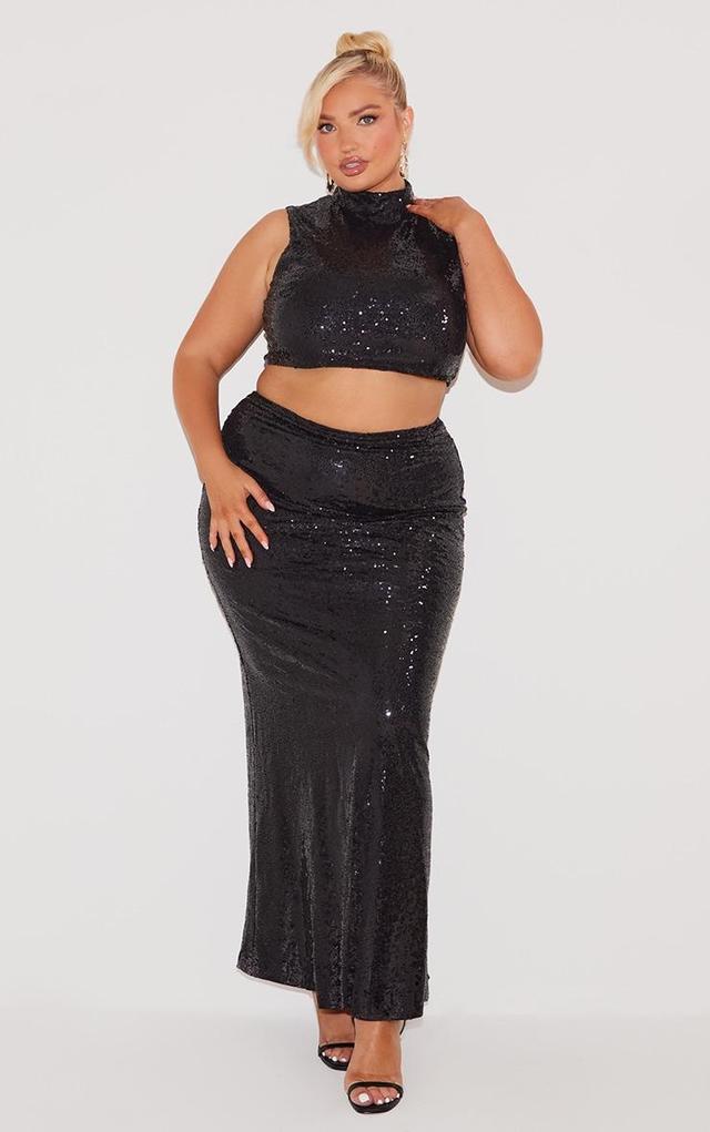 Plus Black Sequin High Waist Maxi Skirt Product Image