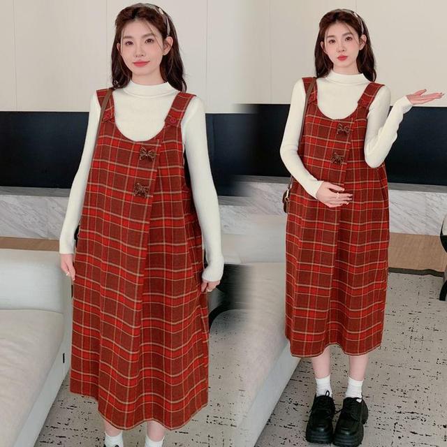 Maternity Long-Sleeve Mock Neck Plain Tee / Plaid Midi Pinafore Dress / Set Product Image