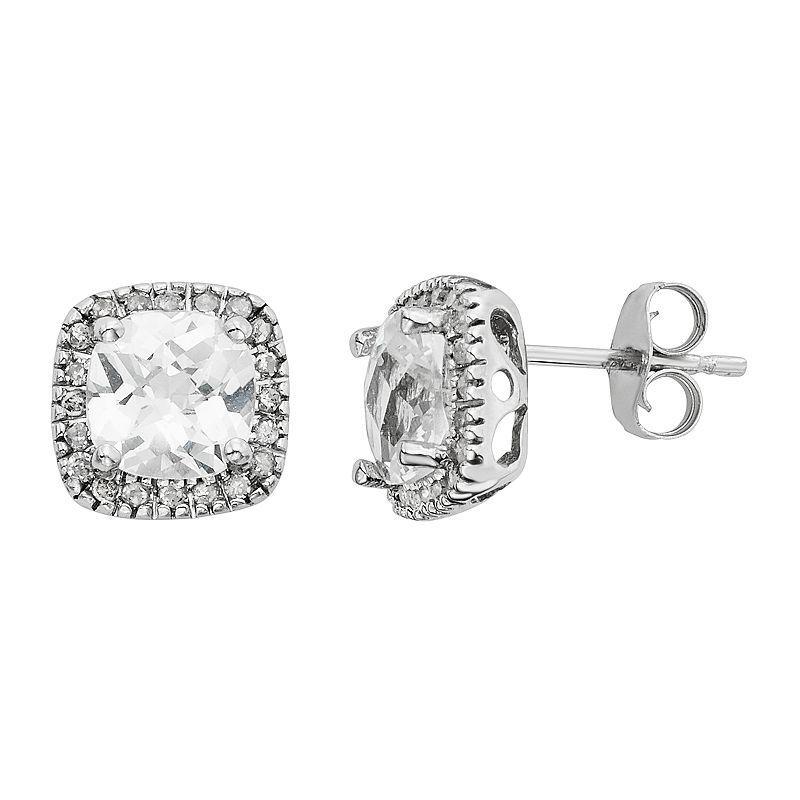 Lab-Created White Sapphire & 1/6 Carat T.W. Diamond 10k White Gold Halo Button Stud Earrings, Womens Product Image