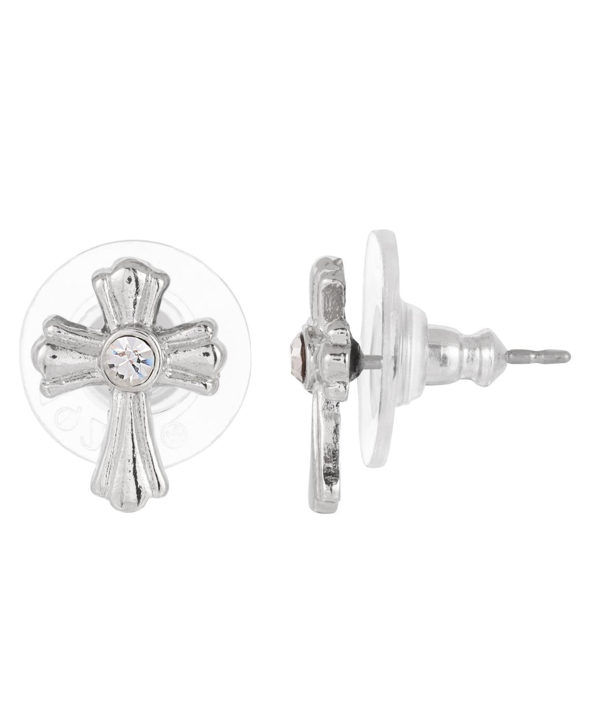 Symbols of Faith Silver-Tone Crystal Cross Stud Earrings, Womens, Silver Tone Product Image