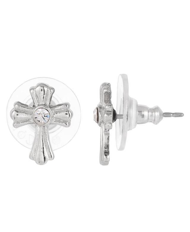 Symbols of Faith Silver-Tone Crystal Cross Stud Earrings, Womens Product Image