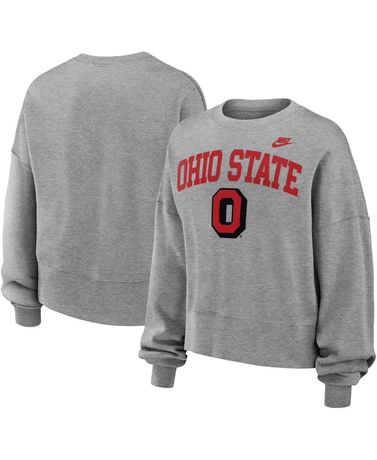 Nike Womens Heather Gray Ohio State Buckeyes Legacy Fleece Classic Arch Oversized Cropped Pullover Sweatshirt Product Image