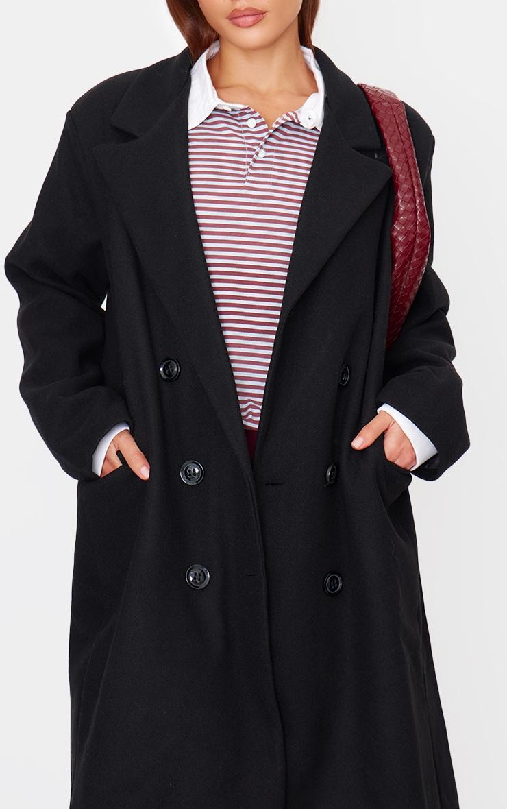 Black Double Breasted Wool Look Overcoat Product Image