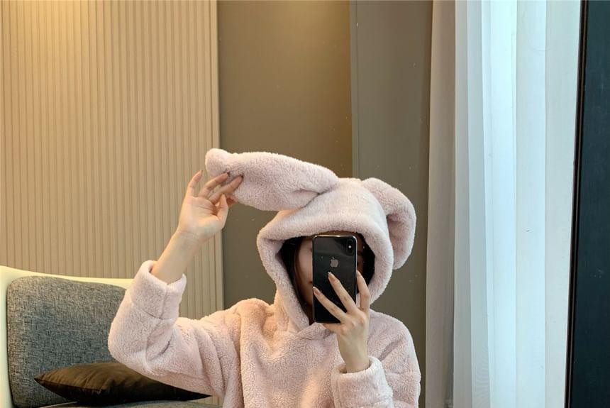 Pajama Set: Bunny Ear Hood Fleece Top + Lounge Pants Product Image