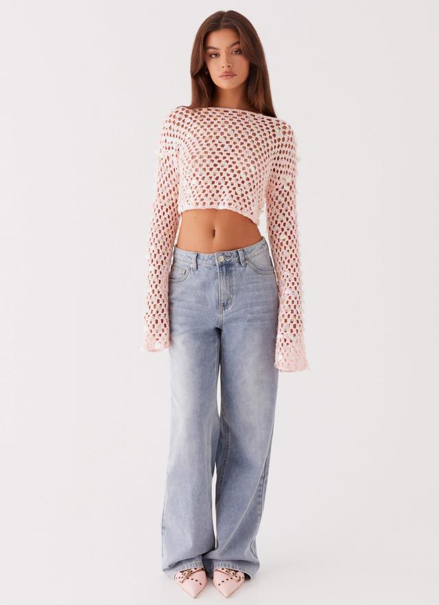 Issy Crochet Long Sleeve Crop Top - Pink Product Image