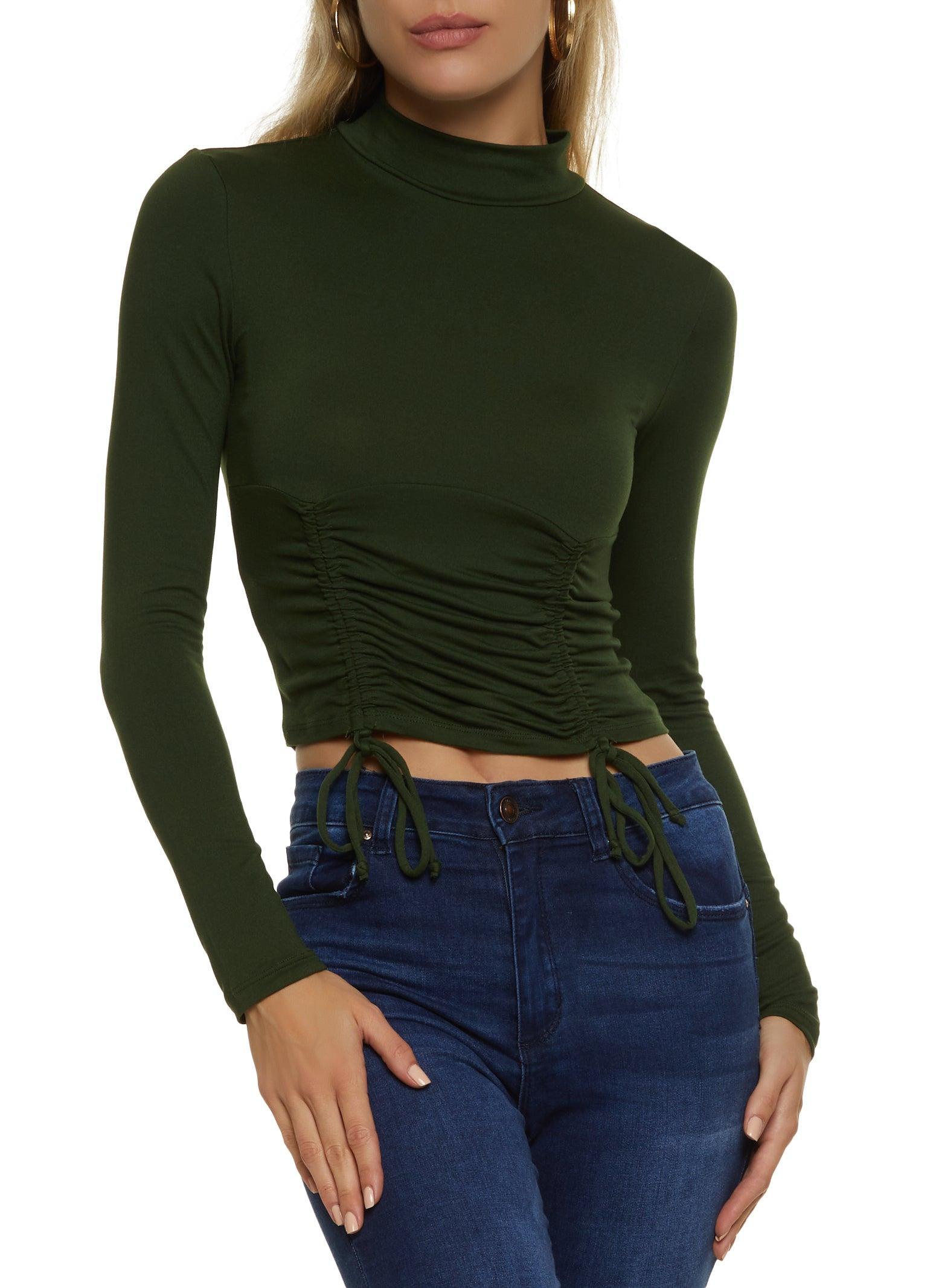 Womens Mock Neck Ruched Long Sleeve Crop Top Product Image