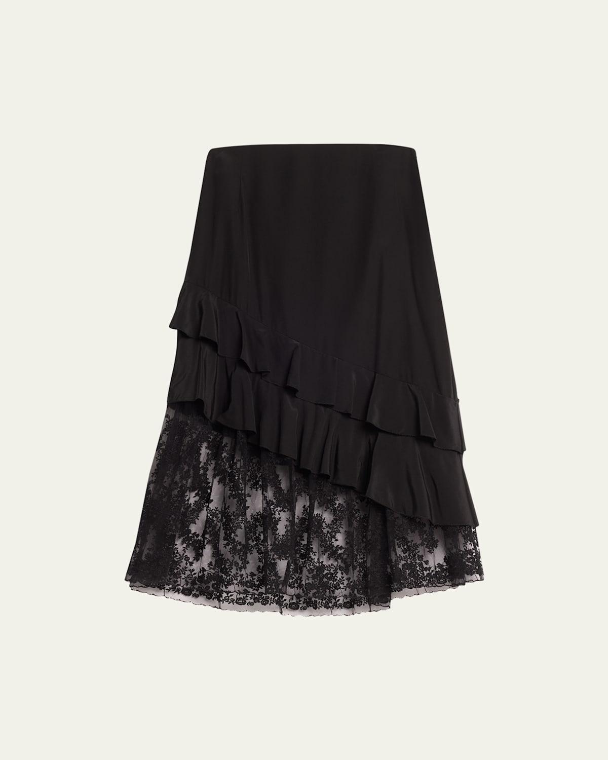 Womens Embroidered Silk Ruffled Midi-Skirt Product Image